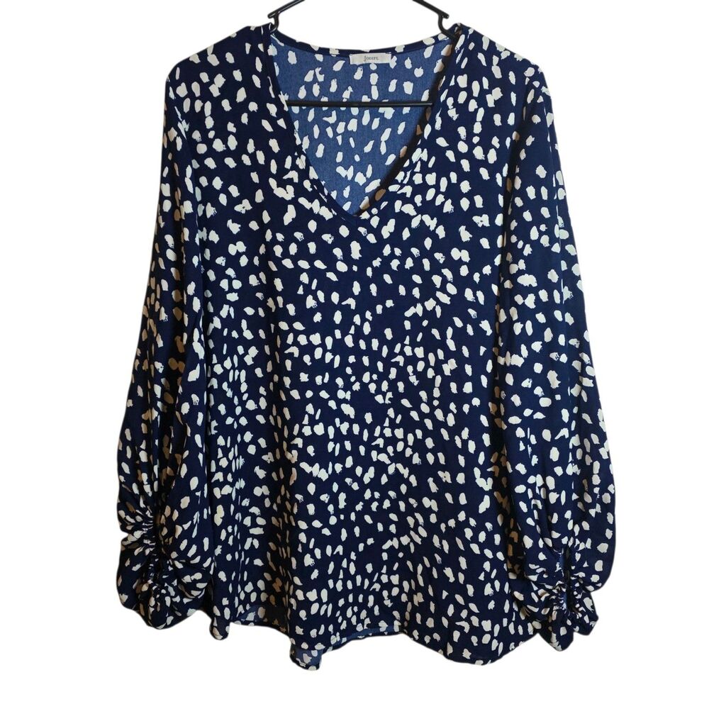 JODIFL Navy Blue Cream Abstract Dot V-Neck Blouse Scrunch Sleeve Top L